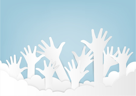 Colorful up hands. Raised hands volunteering vector concept.  paper art and craft style.のイラスト素材