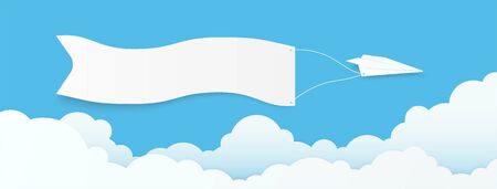 Plane paper and cloud speech bubble on blue sky. Copy space with white blank hanging. paper art vector illustrationのイラスト素材