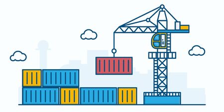Crain and container on warehouse.  freight transport and logistics concept. Thin Line art vector...