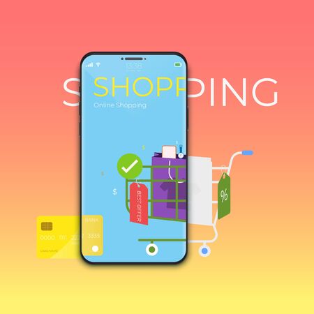 Online shopping concept with mobile application technology. Digital marketing and e-commerce. vector illustrationのイラスト素材