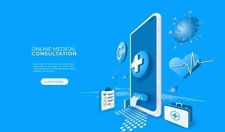 Digital technology online medical consultation with covid 19 or coronavirus. mobile app concept. people calls doctor. 3d perspective vector illustration.のイラスト素材
