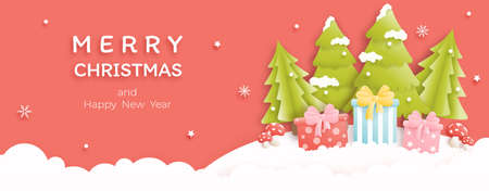 Merry Christmas and happy new year banner background with pine tree, snowman,gift box. Paper art vector illustrationのイラスト素材