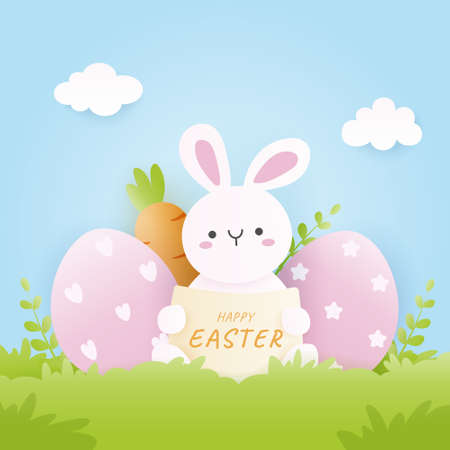 Happy Easter Day with eggs and rabbit background. Vector art illustration.のイラスト素材