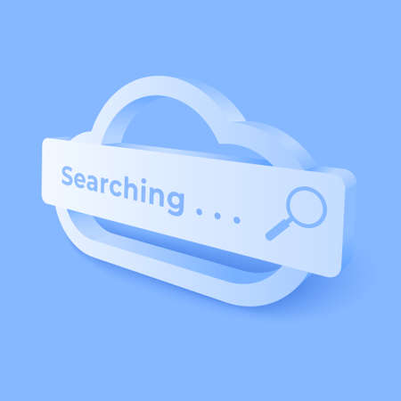 3D digital cloud computing technology background. Online search engine service with magnifier....