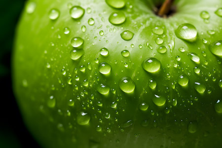 Green apple with water drops close up. Shallow DOF.の素材