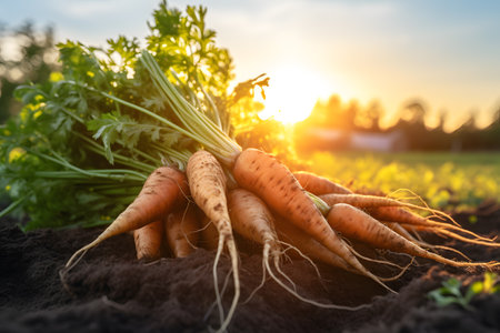 Close up carrot in carrots plantation field at sunrise background with copy space for text. Environment nature concept. generative Aiの素材