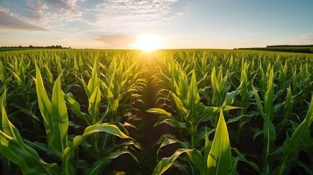 Corn cobs in corn plantation field at sunrise background with copy space for text. Environment nature concept. generative aiの素材