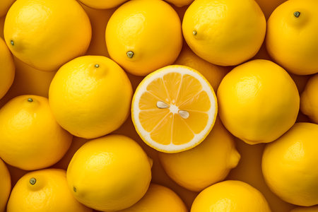 Close up yellow lemons background or texture. banner top view. generative aiの素材