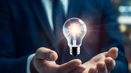 businessman holding light bulb. energy and idea concept. generative aiの素材