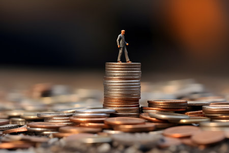 Businessman standing on stack coin money. saving money concept. earring and growing money. generative aiの素材