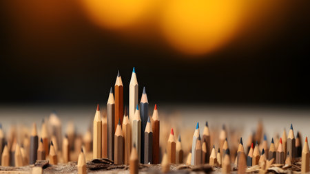 Businessman standing on top of pencils. Leadership, uniqueness, think different, teamwork business success. generative aiの素材