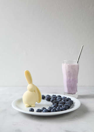 An Easter chocolate bunny in blueberry berries on a plate with a drink of milk and berries in the...