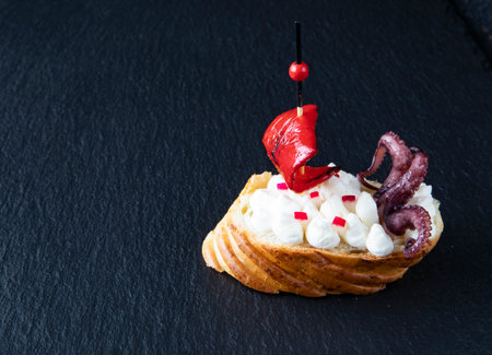A creative Spanish tapas sandwich that resembles a ship with a sail. The tapas consist of cream cheese, red pepper, radish, and octopus tentacles on bruschettaの写真素材