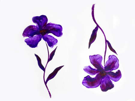 Set of violet and purple flowers in watercolor, acrylic. Flowers for your design wedding invitations, save date cards, fabric, wallpaper, scrapbook and etc. on white backgroundの写真素材