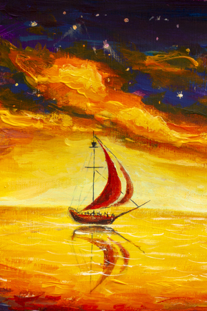 Painting fantasy illustration of a pirate sailing ship with red sails in a yellow sea.の写真素材