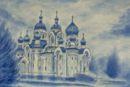 Church with domes oil painting. Mystical picturesque view of Belarus old church with tower  illustration painting poster print textile pattern wallpaper background fine art illustrationの写真素材