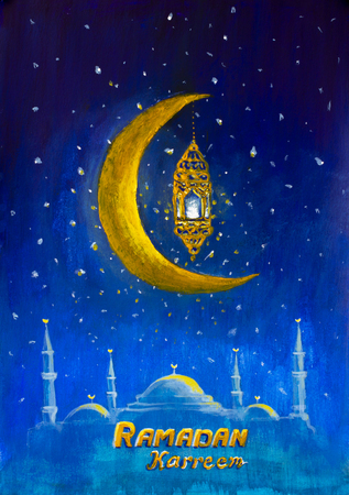 Acrylic oil painting Ramadan kareem background, illustration with arabic lanterns, golden ornate crescent and mosque, hand written Ramadan kareem on starry blue background artwork fine artの写真素材