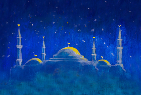 Handpainted mosque in blue night background - oil painting artwork Ramadan Kareem islamic greeting design. religious eid background with mosqueの写真素材