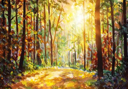 Oil painting Autumn forest nature. Vivid morning in colorful forest with sun rays through branches of trees. Scenery of nature with sunlightの写真素材