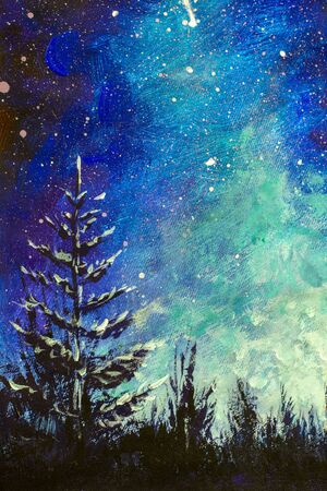 Vertical Watercolor painting acrylic oil on canvas - Christmas tree at night against background of night starry sky of milky way of galaxy, universe. Night landscape.の写真素材