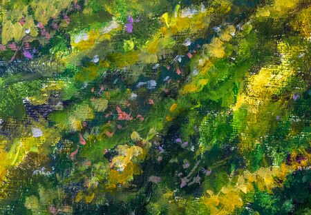 Green yellow violet - abstract nature, grass on ground, closeup oil painting. Brush strokes, creativity.の写真素材