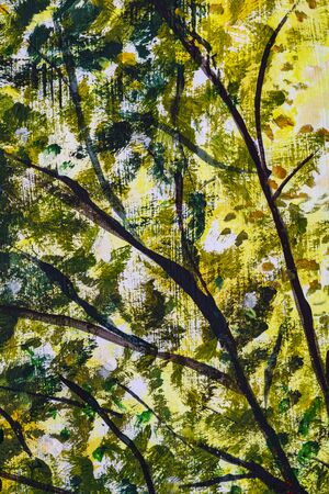 Branches of a solar tree with leaves - a fragment of acrylic oil painting on canvas - art backgroundの写真素材
