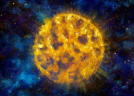 Big yellow luminous planet star moon in blue space oil painting, space fantastic astronomical...