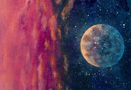 Fantastic oil painting beautiful big planet moon among stars in universe. Fantasy concept cosmos fine art paintingartwork for book illustrationの写真素材