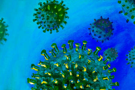 Coronavirus disease COVID-19 infection oil painting medical illustration. Floating China pathogen...