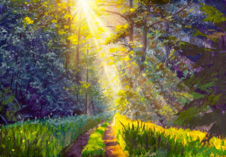 Painting green forest sunlight. Bright sun rays in forest shining on path through green trees sunny illustration.の写真素材