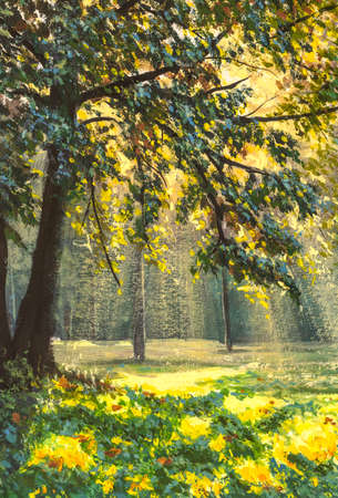 Painting green forest sunlight. Bright sun rays in forest shining on path through green trees sunny illustration.の写真素材