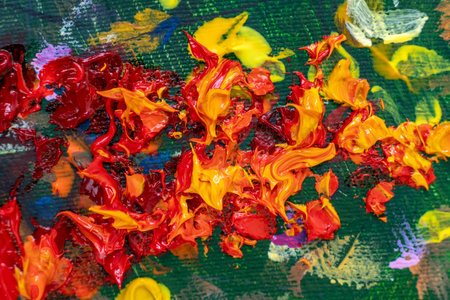 Multicolored bright abstract close-up macro paint on canvas background selective focus. Large big...