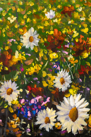 Oil painting flower field artwork background. Beauty warm garden flowers in grass modern impressionism artの写真素材