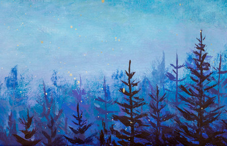 Acrylic painting dark fir trees in foggy magic forest wood paintings artwork for backgroundの写真素材