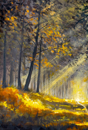 Original artistic modern impressionism hand painting Path sunny footpath road in sunlight park alley forest rural landscape watercolor drawing oil art nature tree artworkの写真素材