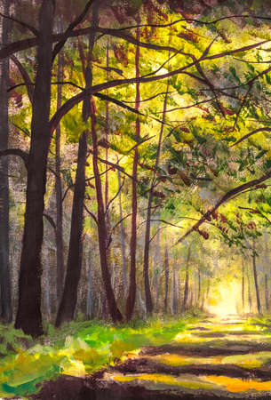 Sunlight park alley forest rural landscape Original artistic modern impressionism hand paintingの写真素材
