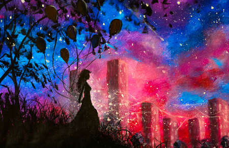 Oil acrylic modern painting silhouette of girl with balloons on background of night city artwork....