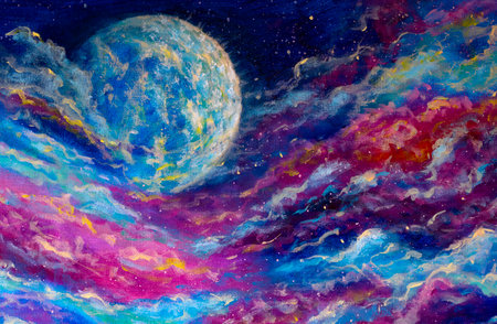 glowing planet on blue purple starry night space sky Original painting modern illustration