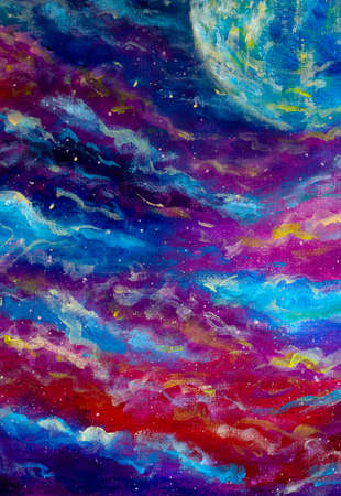 glowing planet on blue purple starry night space sky Original painting modern illustration