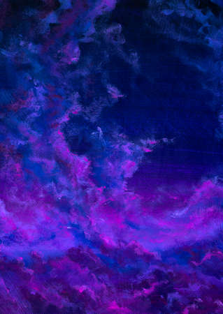 Velvet Violet clouds in the starry night sky artwork background painting on canvas. Modern fine art