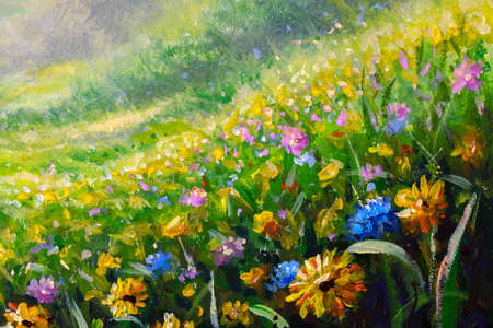 Meadow in spring and summer wildflowers daisies in flower field. Wallpaper flowers Original oil paintingの写真素材