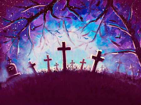 All souls day painting hand draw religious holiday illustration crosses glowing at night in the...