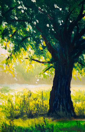 Oil painting large oak tree on a sunny summer day acrylic on canvas fine art illustration nature park landscape backgroundの写真素材