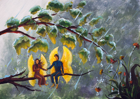 2 angels fairy butterfly guy and girl hiding under a branch with leaves from the rain - painting with acrylics fantasy illustration warm hearted paintingの写真素材