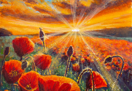 Red poppy flowers field sunset sun rays acrylic artistic handmade watercolor painting background. red wildflowers poppy paint art blossoms on sunriseの写真素材