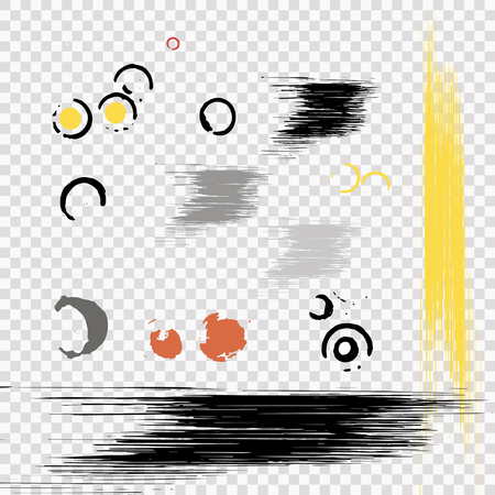 Vector set of black and white and color ink splashes, blots and smears on a dark background. Series of vector blots, brush strokes and elements of design.のイラスト素材