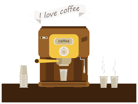 automatic coffee cups with coffee, I love coffee textのイラスト素材
