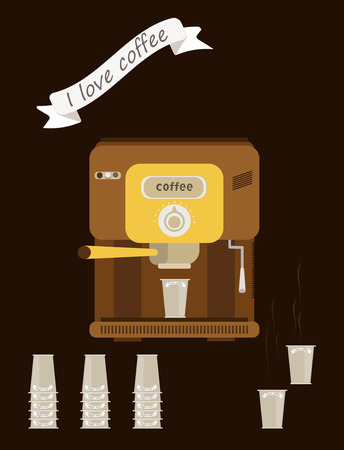 automatic coffee cups with coffee, I love coffee textのイラスト素材