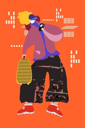 Man with a suitcase talking on the phone.の写真素材