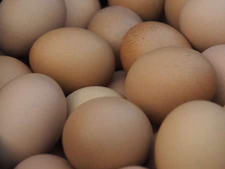 A Pile of Raw Fresh Brown Chicken Eggs Backgroundの写真素材